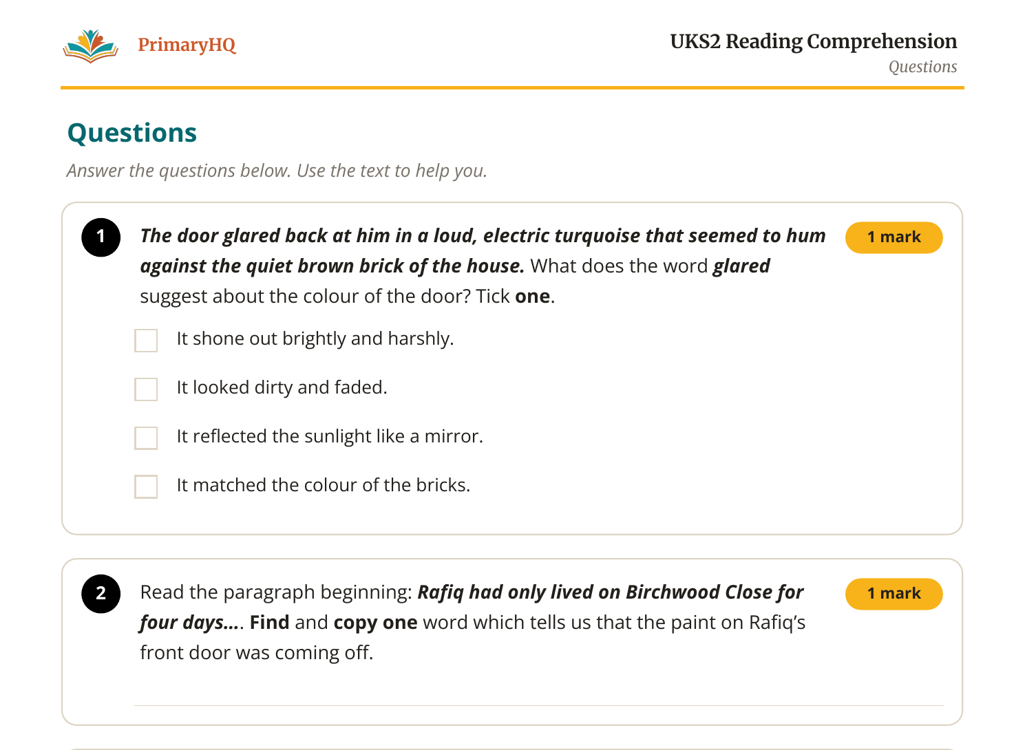 Sample comprehension questions from a generated PrimaryHQ worksheet