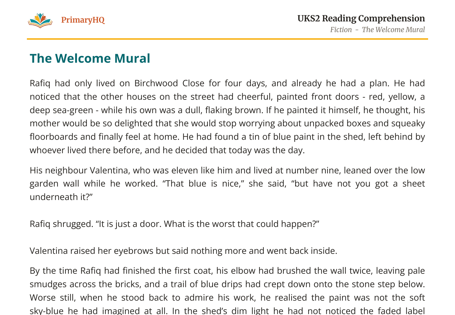 A sample extract from a generated PrimaryHQ worksheet